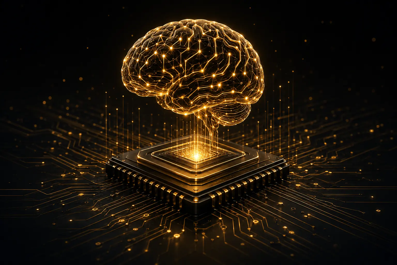 Golden neural network brain above an AI processor