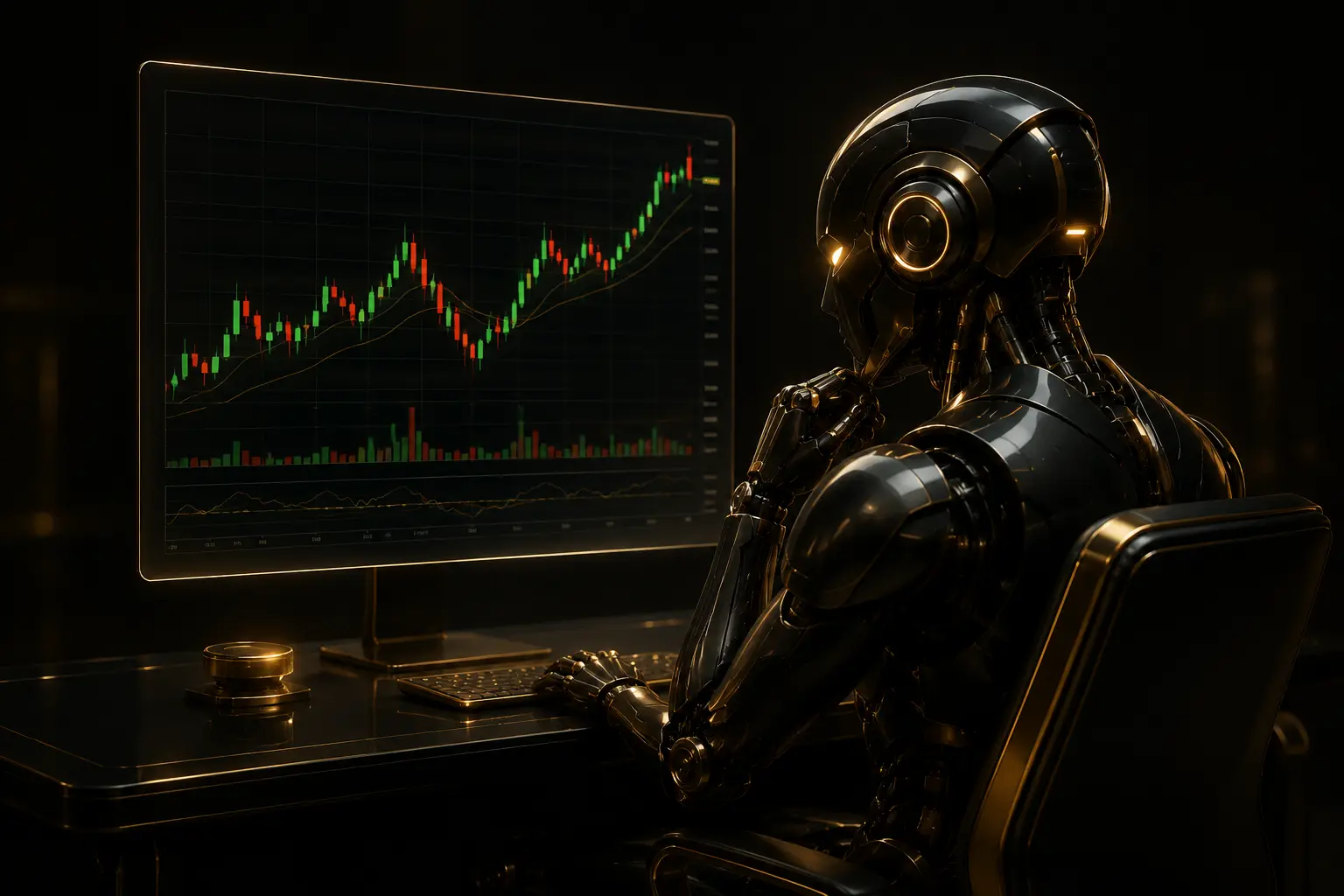 Black and gold trading robot monitoring a market chart
